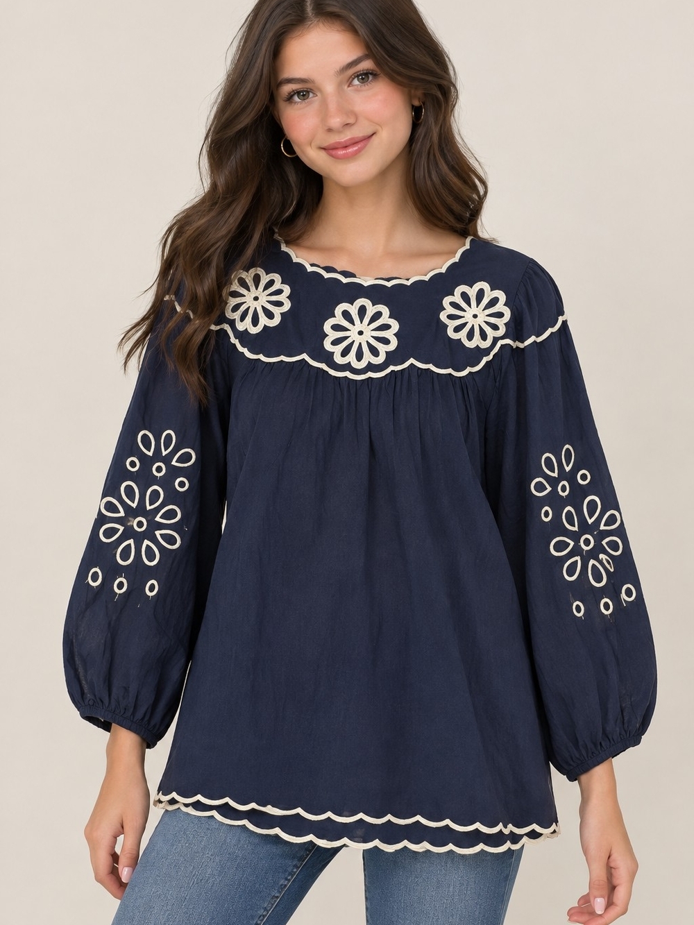 Navy Embroidered Peasant Tunic with Cream Accents